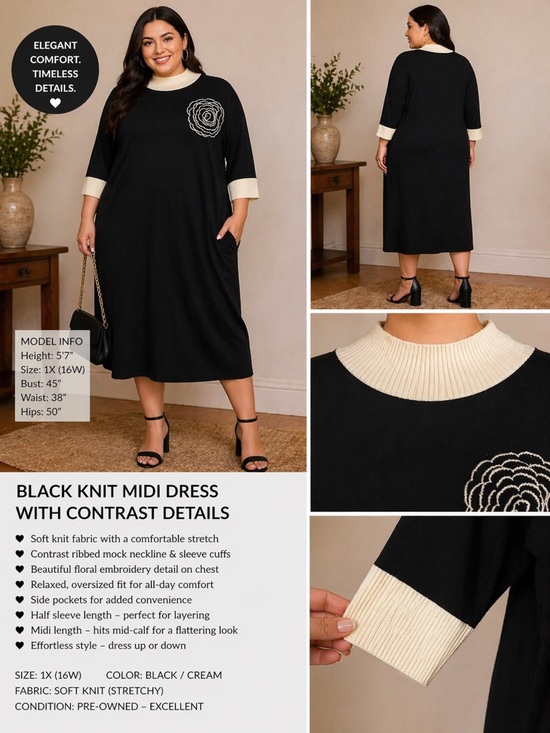 Dresses & Skirts - Black Knit Midi Dress with Cream Contrast